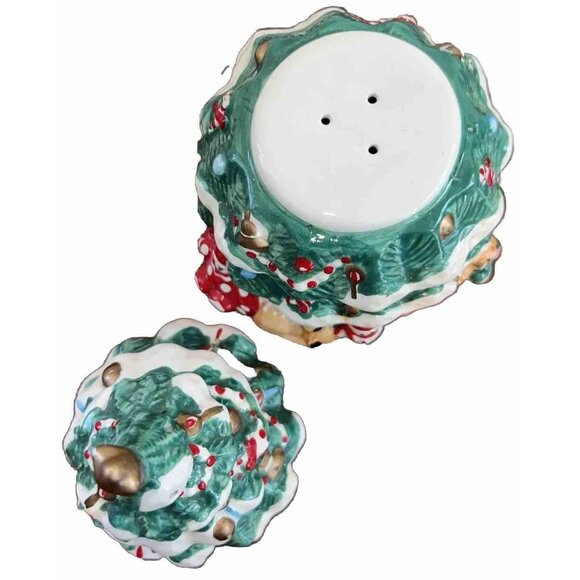 Holly Tree Christmas Tree Ceramic Stacking Salt and Pepper Shaker Set - Picture 3 of 8